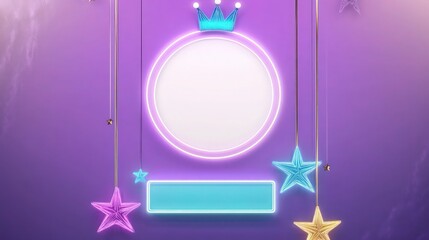 A stylish neon design set against a glowing purple gradient background. A bright neon circle in white occupies the center, topped with a neon crown in bold aqua blue. 