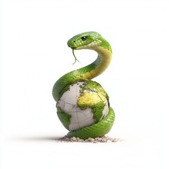 Naklejka premium Watercolor Snake Zodiac Concept with Earth Element for Chinese New Year. A green snake wrapped around a globe symbolizes nature and environmental awareness