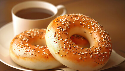 Two Sesame Seed Bagels and Coffee