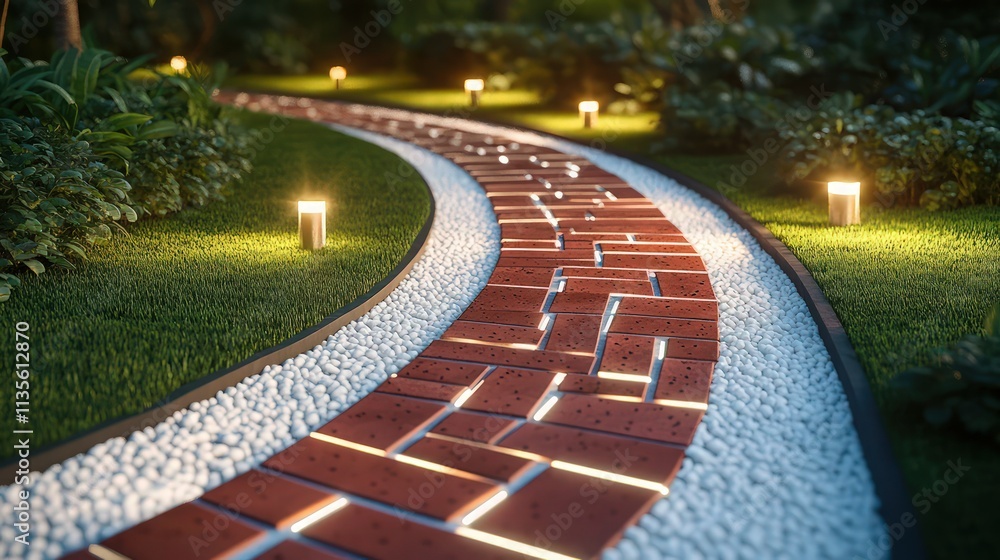 Poster a curved garden walkway featuring a pristine white pebble base with red brick-like square tiles embe