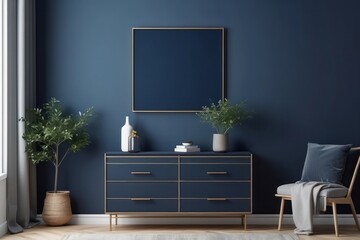 minimalist commode with decor in living room interior, dark blue wall background, blank poster frame