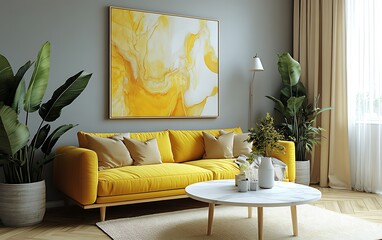 Yellow sofa in modern living room with large abstract painting, plants, and wooden floor.