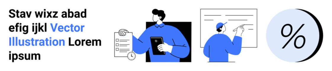 Businessman reviewing a document, presenting data on the whiteboard, large percent symbol. Ideal for business plans, presentations, financial reports, marketing, e-commerce, educational materials