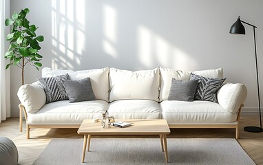Bright living room with white sofa, wooden coffee table, and natural light.