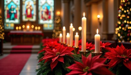 Christmas Eve mass in church. Altar decorated with red poinsettias, white candles. Festive, sacred atmosphere. Warmth of candlelight, holiday decorations. Religious gathering. Tradition, faith.