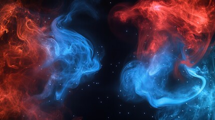Obraz premium A surreal blend of fiery red and icy blue smoke clouds swirling against a solid black background. Red smoke in the upper right glows softly with smooth.