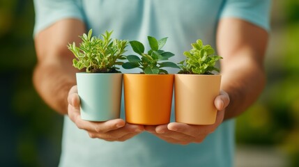 A man is holding three small potted plants in his hands