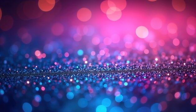 Abstract background vibrant neon glitter. Defocused sparkles create bokeh glow. Fluorescent blue magenta pink color gradient light shimmers. Abstract modern design. Purple glitter. Ideal for party