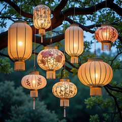 Ethereal Asian Lanterns Illuminated at Dusk in Tree