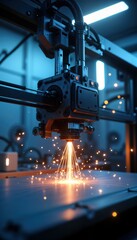 Fototapeta premium Advanced 3d printer in action. Sparks fly from futuristic tech machine. Blue ambient light highlights intricate design. Industrial setting. Modern machinery. Dynamic close-up view of high-tech