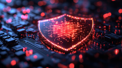 glowing digital shield icon with AI circuitry on futuristic circuit board