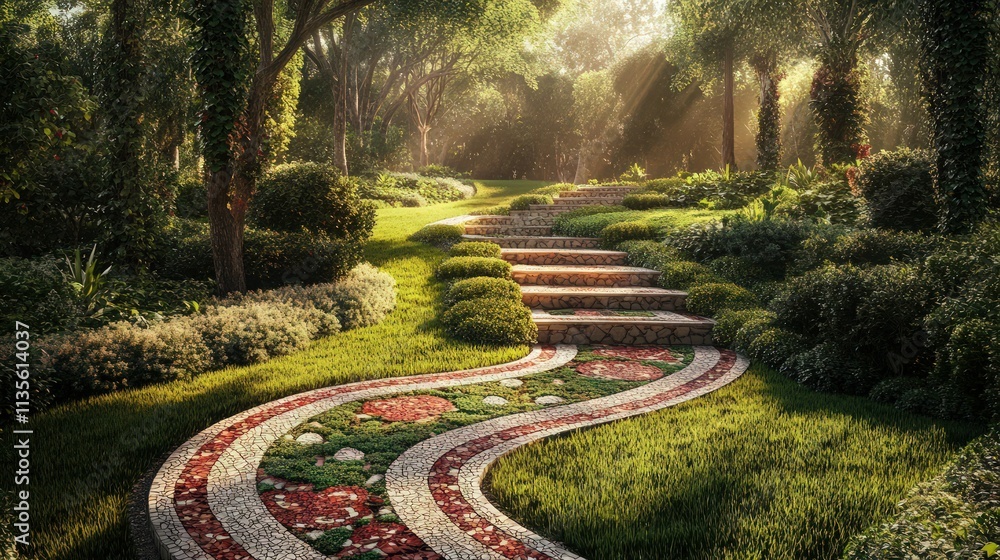 Poster a gently curving mosaic garden path with embedded floral and vine patterns in red and green, surroun