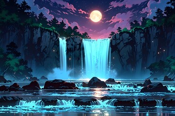 abstract waterfall set in a tranquil night atmosphere with the soft glow of a full moon illuminating the background