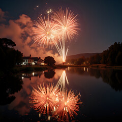 Spectacular Lakeside Fireworks Display with House Reflection in Calm Waters