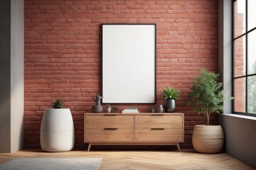 minimalist commode with decor in living room interior, red brick wall background, blank poster frame