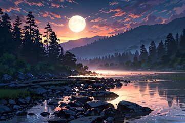 abstract river set in a tranquil night atmosphere, with the soft glow of a full moon illuminating the background