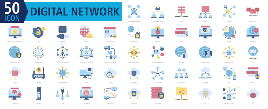 Digital Network Icon Set Color with Wide Area Networks,Local Area Networks,Server,Proxy,Network,Data Center