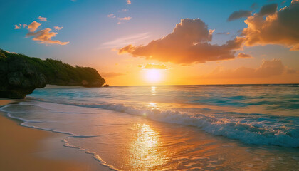 Tropical Beach Sunset with Ocean Waves and Rocky Headland