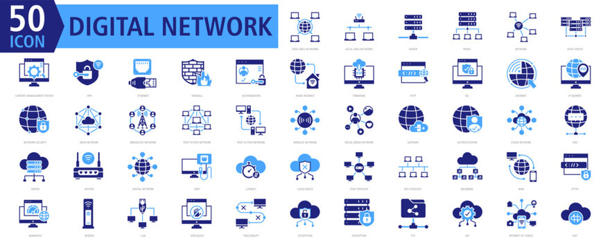 Digital Network Icon Set Color Fill with Wide Area Networks,Local Area Networks,Server,Proxy,Network,Data Center