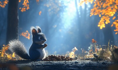 Cute cartoon squirrel holding nut in autumn forest.