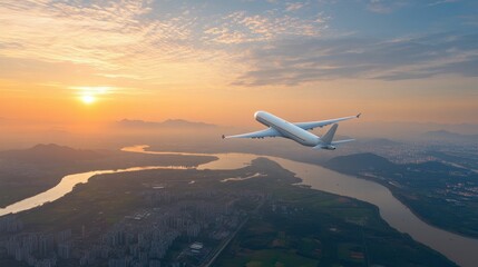 A white airplane flying over a city with a sunset in the background