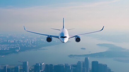 A large white airplane is flying over a city with a body of water below