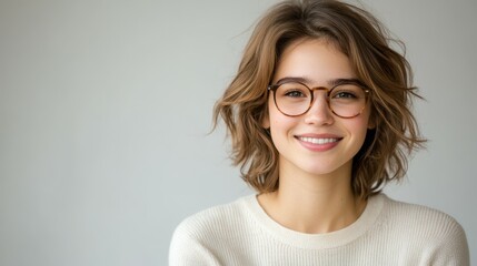 Fototapeta premium A woman with short brown hair and glasses is smiling
