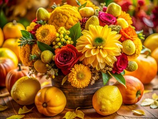 Sukkot Etrog Bouquet - Close-Up Photography: Vibrant Yellow Citrus, Festive Fall Flowers