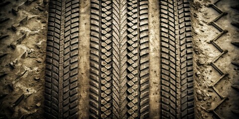Tire Track  Pattern on a Dirty Grunge Background in Black and White, Perfect for Textures, Backgrounds, and Graphic Design Projects Related to Automotive and Transportation Themes
