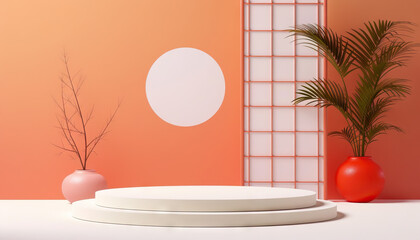 Two-Tiered Display Stand with Coral Wall and Potted Plants