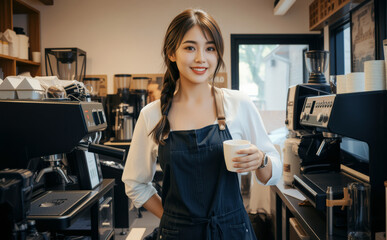 Barista smiling in cozy coffee shop, holding cup, surrounded by coffee machines and equipment, creating warm and inviting atmosphere