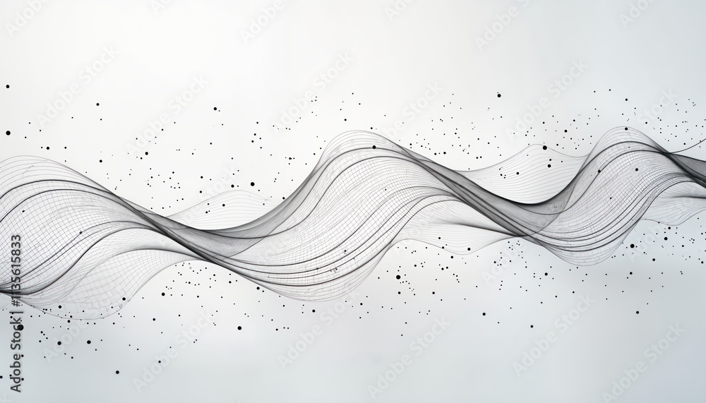Poster Abstract futuristic design with flowing waves, connecting lines. Network of dots, lines creates dynamic, complex pattern. Modern, technological aesthetic. Ideal for tech backgrounds, presentations,