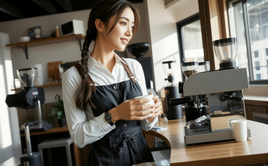 Fototapeta premium Barista in cozy cafe, smiling while holding cup, surrounded by coffee equipment and warm decor, creating welcoming atmosphere