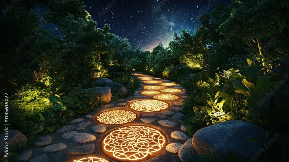 Aufkleber a beautifully lit garden pathway featuring glowing circular tiles embedded with intricate patterns, 