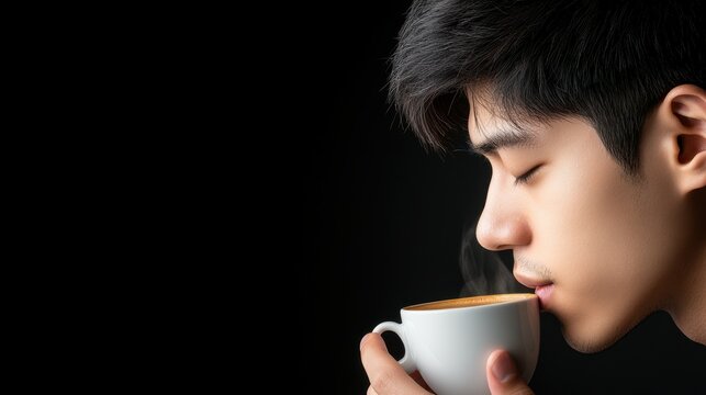 A man is drinking coffee and taking a deep breath