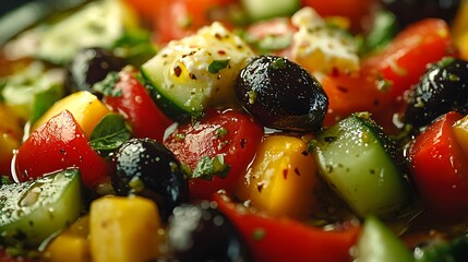 A close-up shot of a Mediterranean salad with black olives, diced feta, and vibrant vegetables like cucumbers and bell peppers, drizzled with olive oil and sprinkled with oregano,