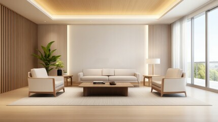 Fototapeta premium A living room with a white wall and wooden furniture