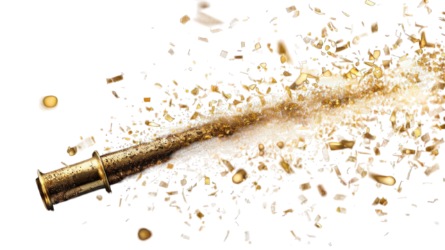 A golden confetti cannon releasing sparkling confetti, symbolizing celebration and joy.