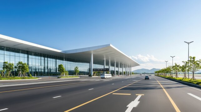 A large airport terminal with a long road in front of it