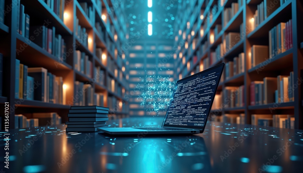 Aufkleber Futuristic library setting displays tech integration. Laptop computer in center shows AI-powered info search. Glowing binary code flows across bookshelves. Books stack on dark surface. Modern,