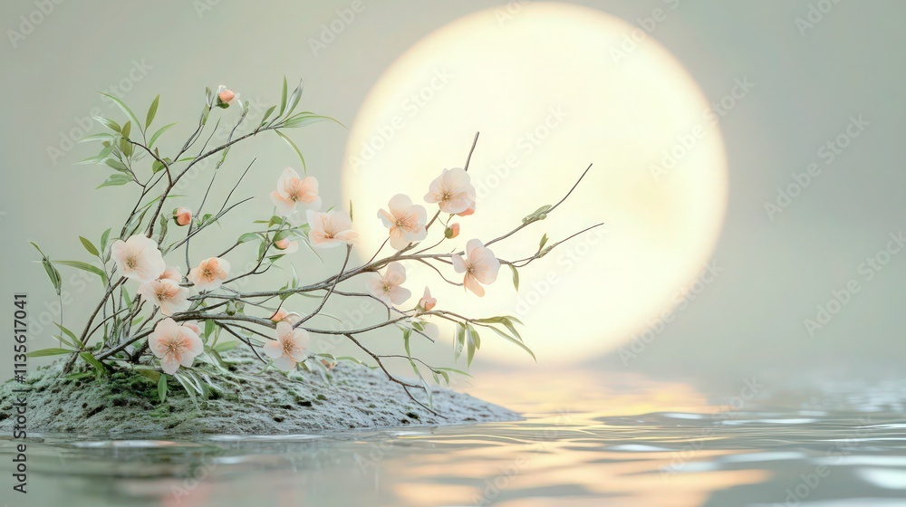 Poster a serene scene featuring a flowering branch adorned with soft peach blossoms, highlighted by a glowi
