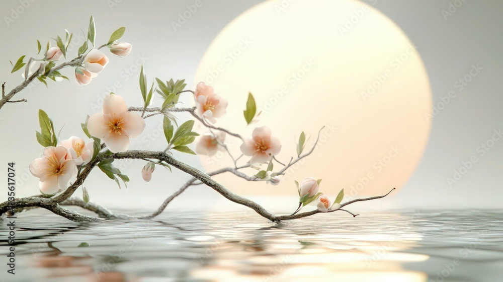 Poster a serene scene featuring a flowering branch adorned with soft peach blossoms, highlighted by a glowi