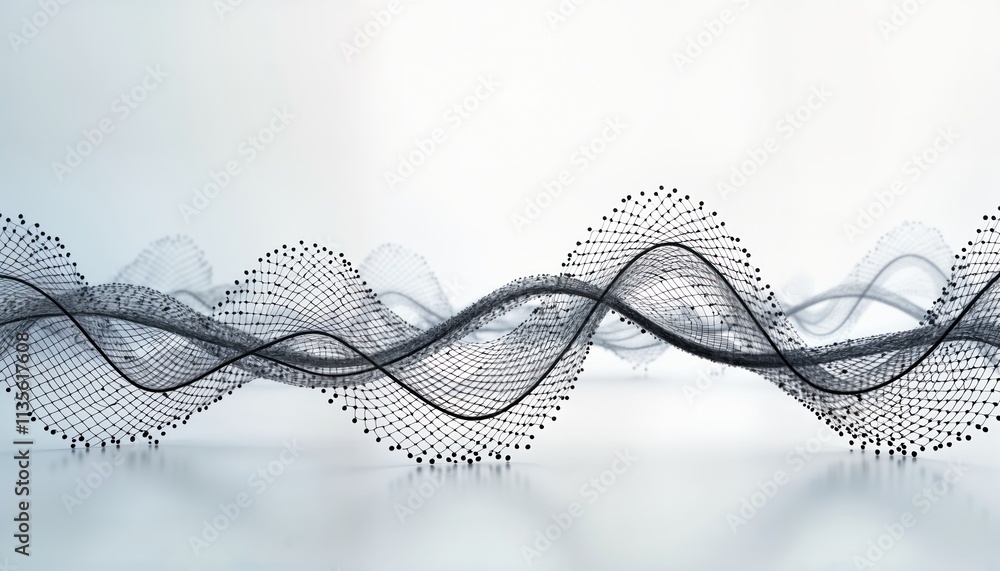 Poster Abstract wavy design. Dynamic particles form black wave pattern. Futuristic, modern tech background. Big data visualization. Looks like network. Illustrates community connection. High-tech design.