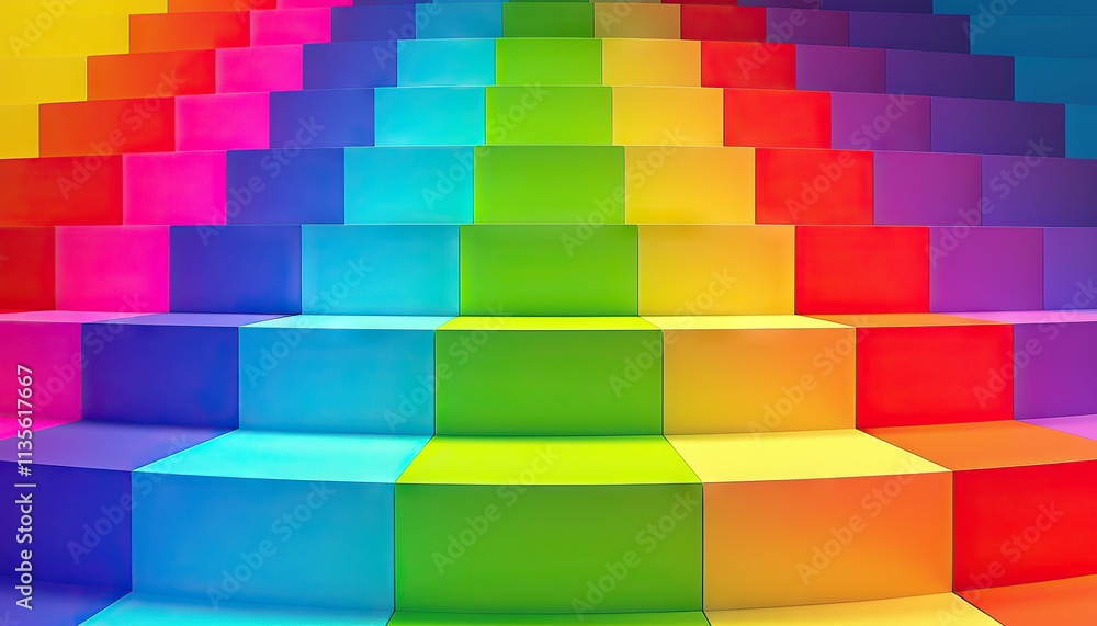 Poster circular rainbow-gradient staircase of color blocks