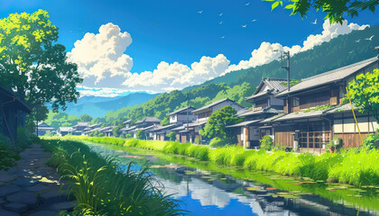 Japanese Village Canal Scene with Traditional Houses and Mountain View