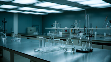Naklejka premium Empty research laboratory with sterile white walls and stainless steel tables. The absence of activity symbolizes potential and the promise of future discoveries.