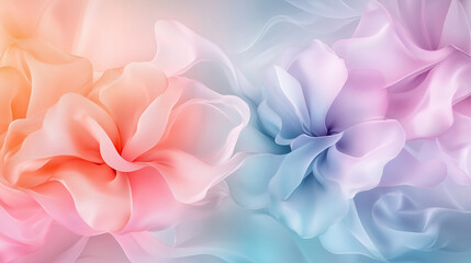 Obraz premium Delicate, airy fabrics create abstract floral shapes in pastel shades of pink, blue and purple on a light background.