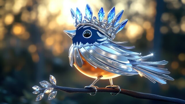A vibrant 3D cartoon bird fashioned from polished iron, perched delicately on a branch with a crown of silver adorned with glowing icy blue tips and sapphire-like gemstones. 