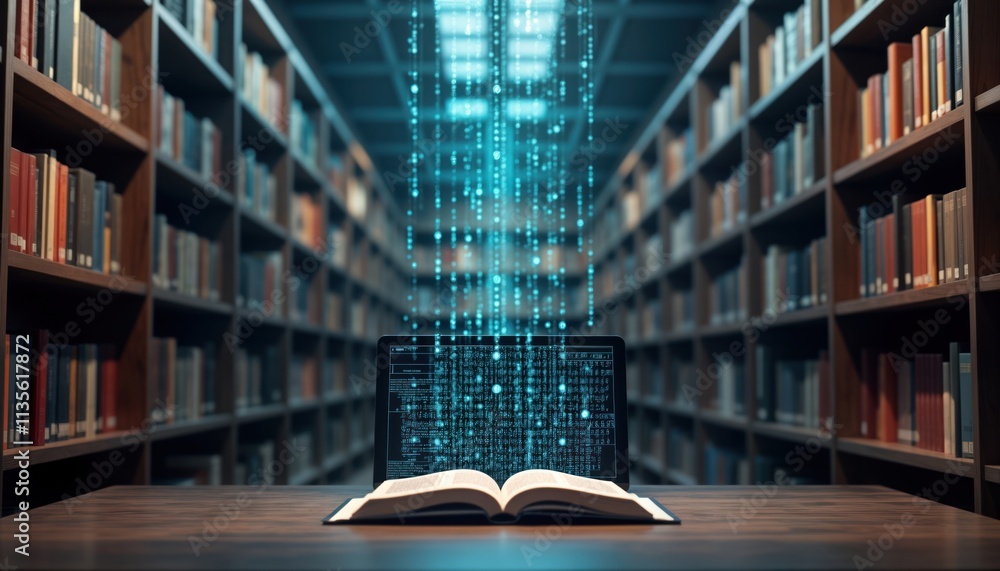 Aufkleber Futuristic library scene. Open book on table with glowing binary code displayed on laptop. Bookshelves filled with various books. Digital data flows through room. Advanced tech concept integrates