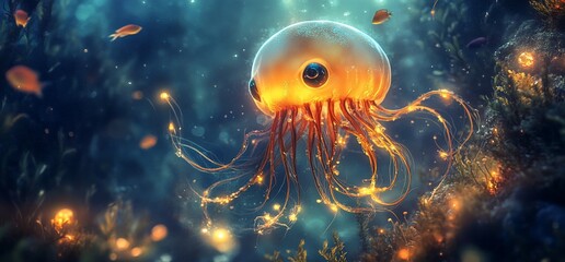 Fototapeta premium Glowing jellyfish in vibrant underwater scene.
